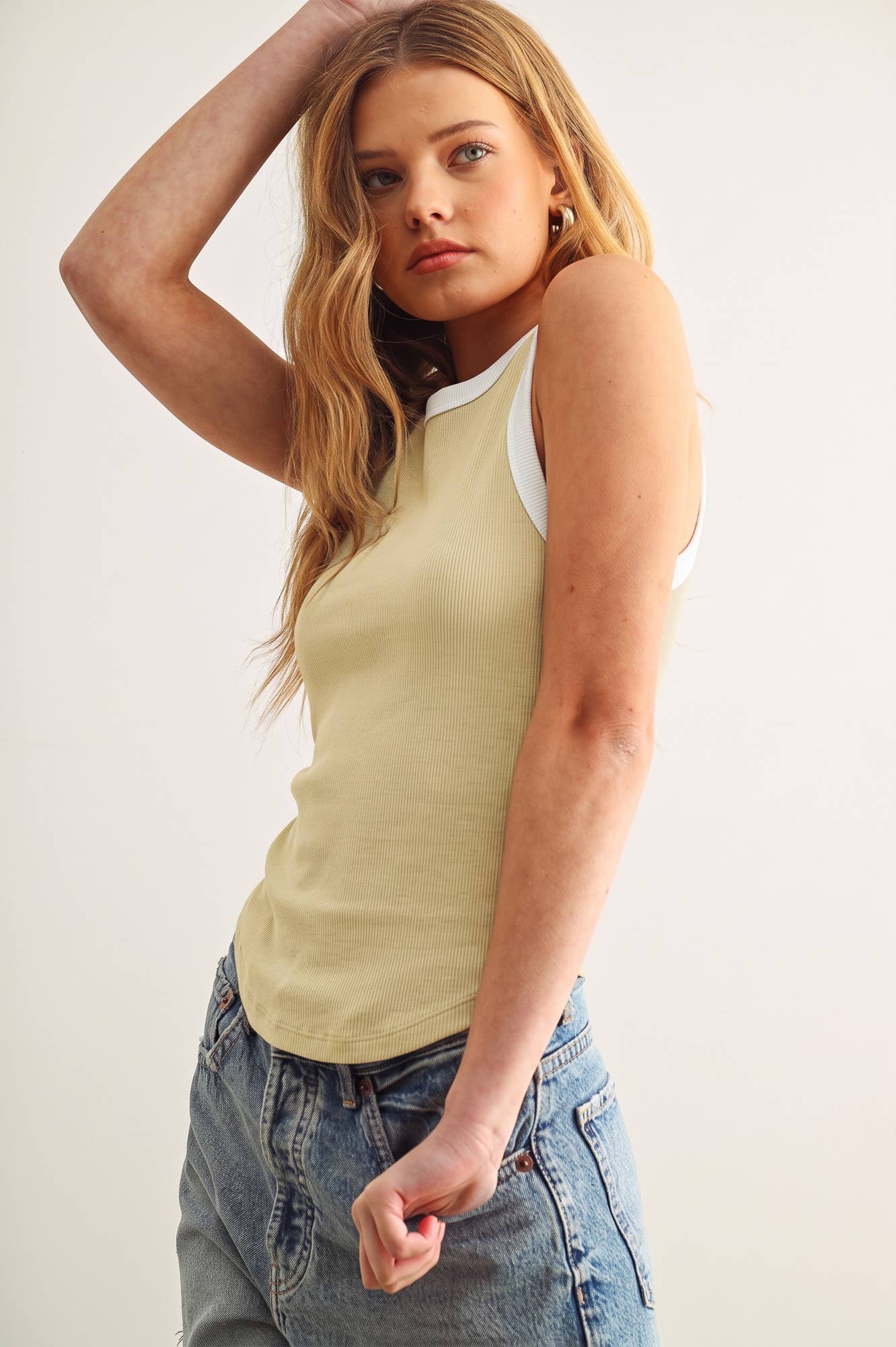 ET6396 COLOR CONTRASTED TANK TOP: TAN / S
