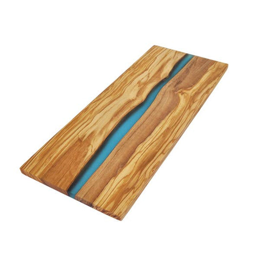 Engraved Olive Wood Cutting Board with River of Blue Resin - 15” x 6”