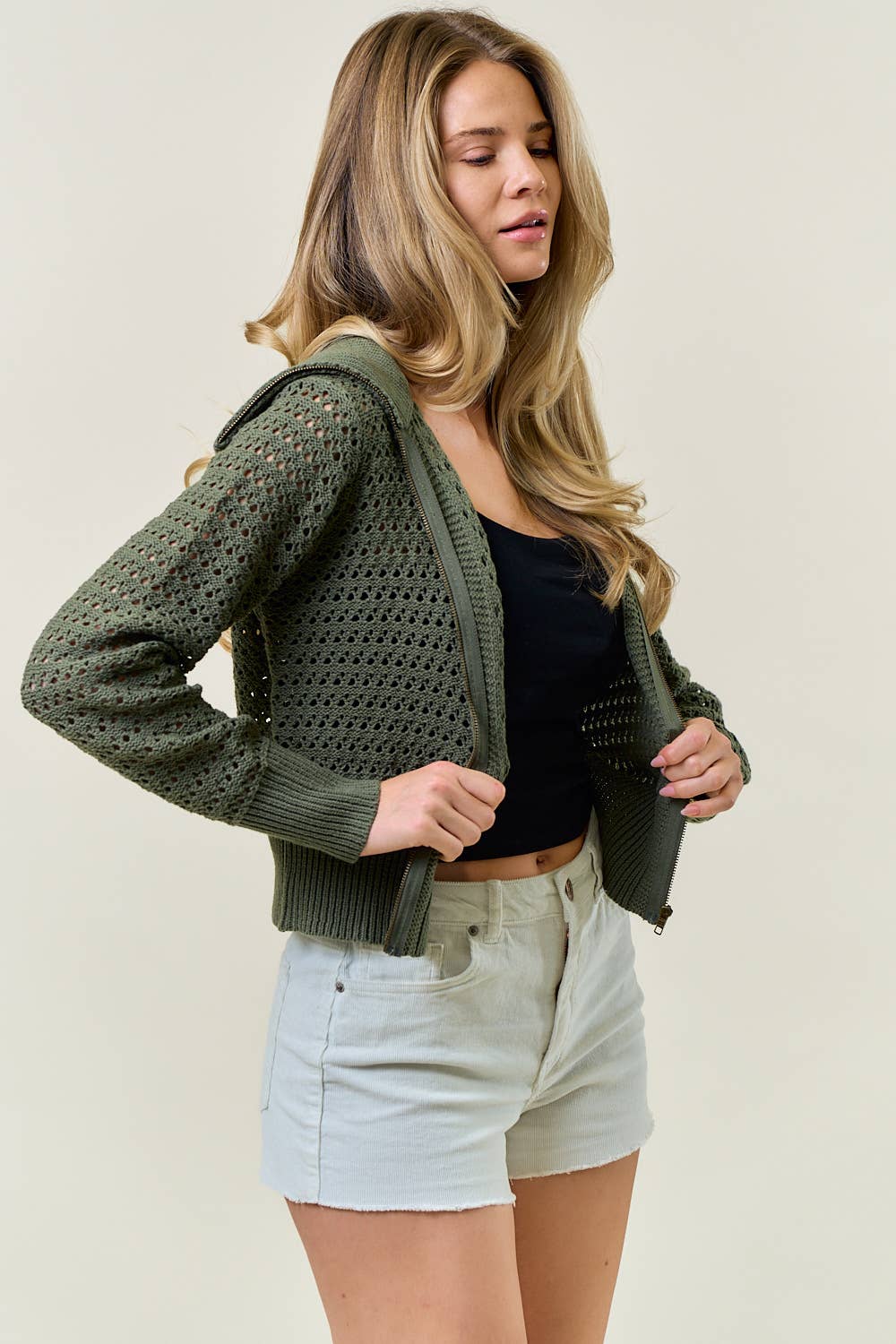 Zip-Up Pointelle Open Knit Sweater Jacket - 10615J