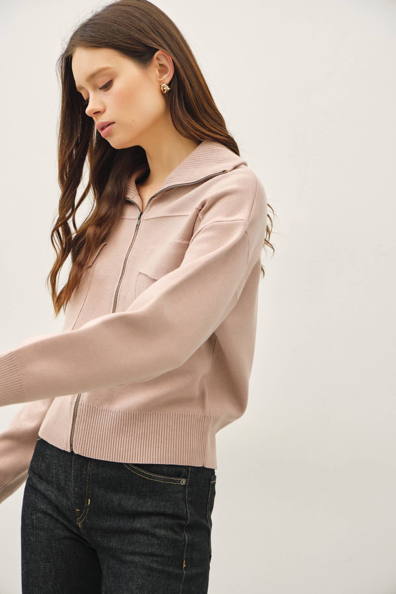 Zipup Sweater Jacket with Floppy Ribbed Collar