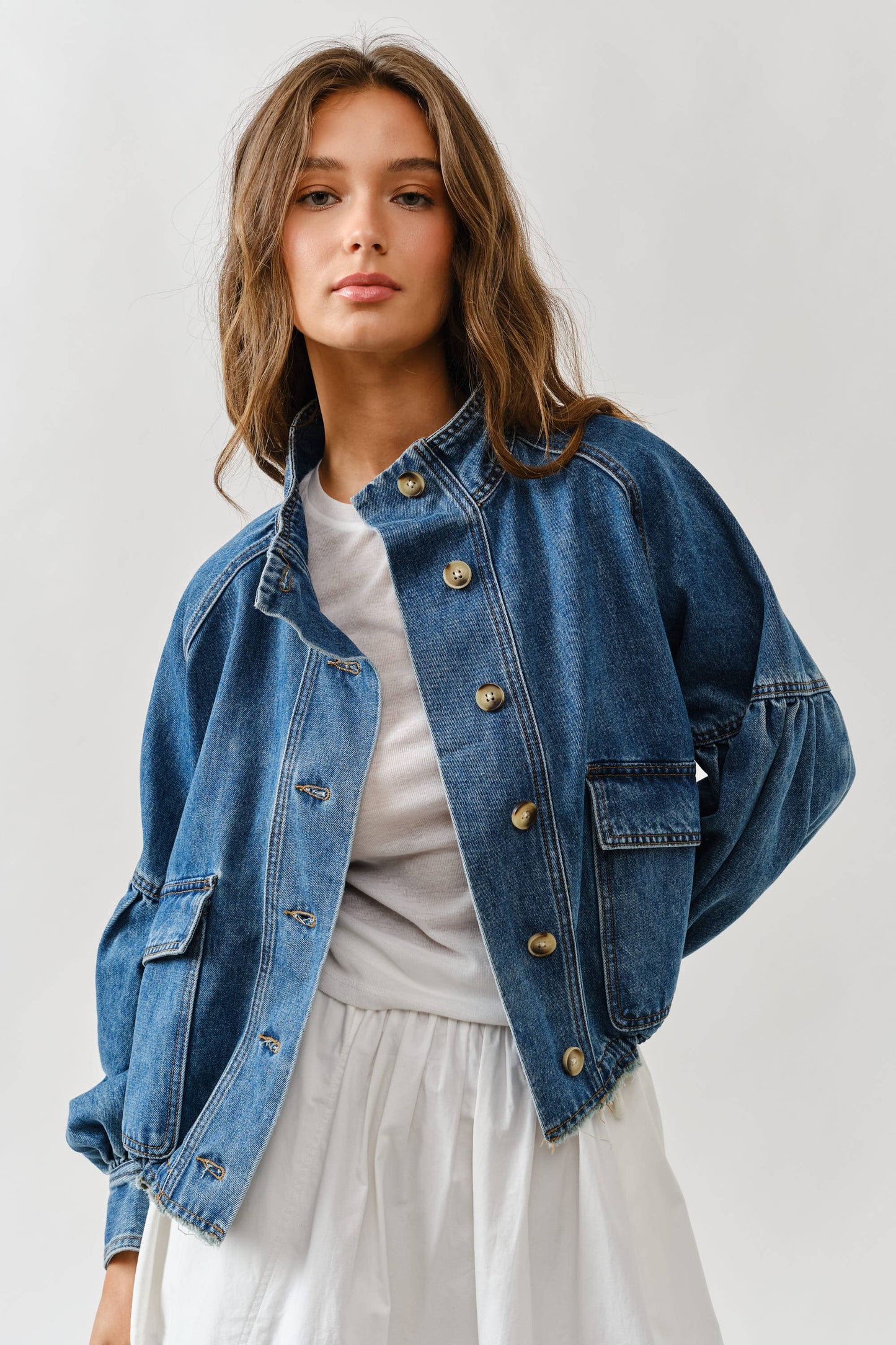 Balloon Sleeve Twill Jacket Drawstring Waist