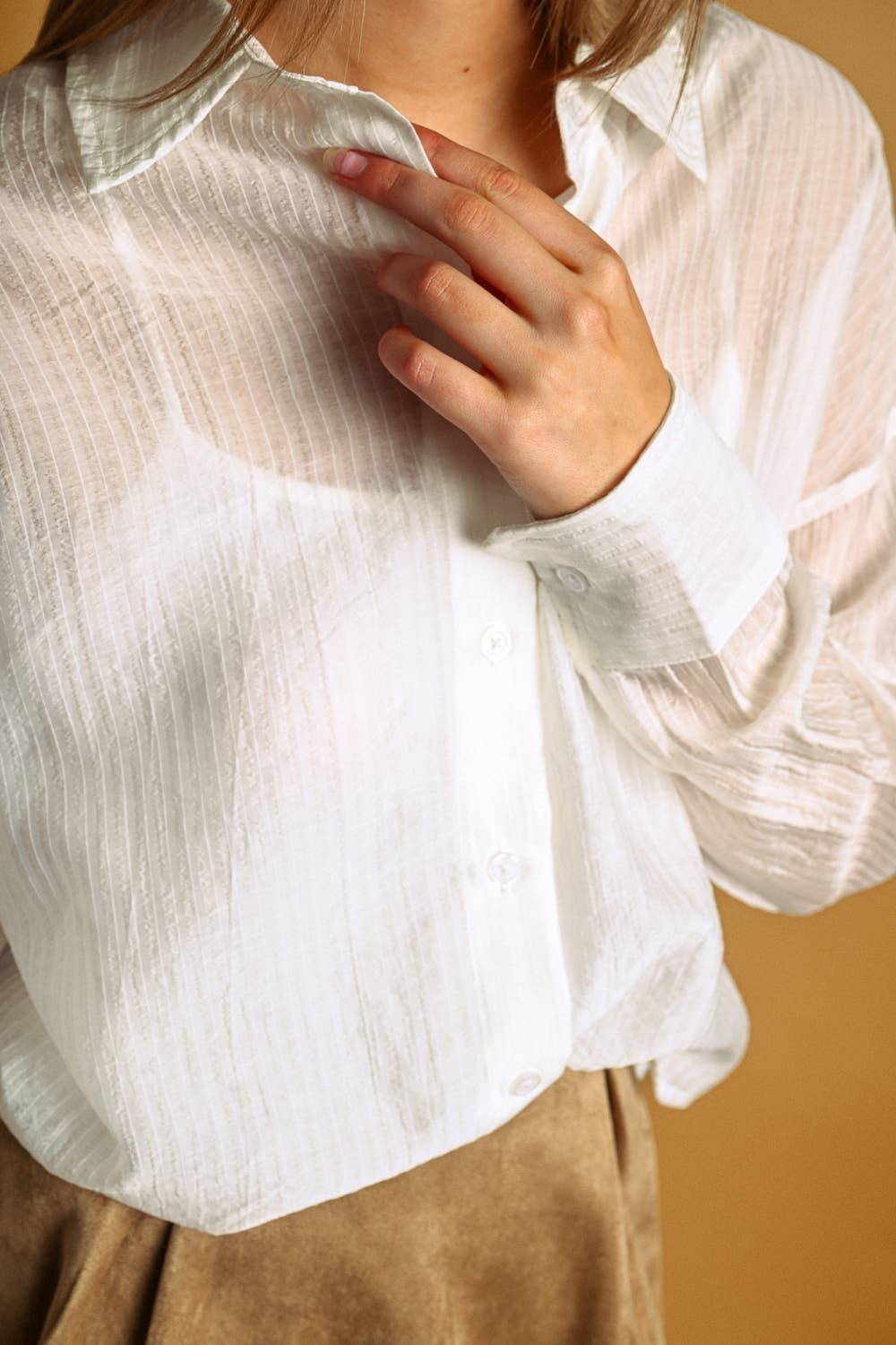PIN STRIPED SHEER BUTTON FRONT SHIRT