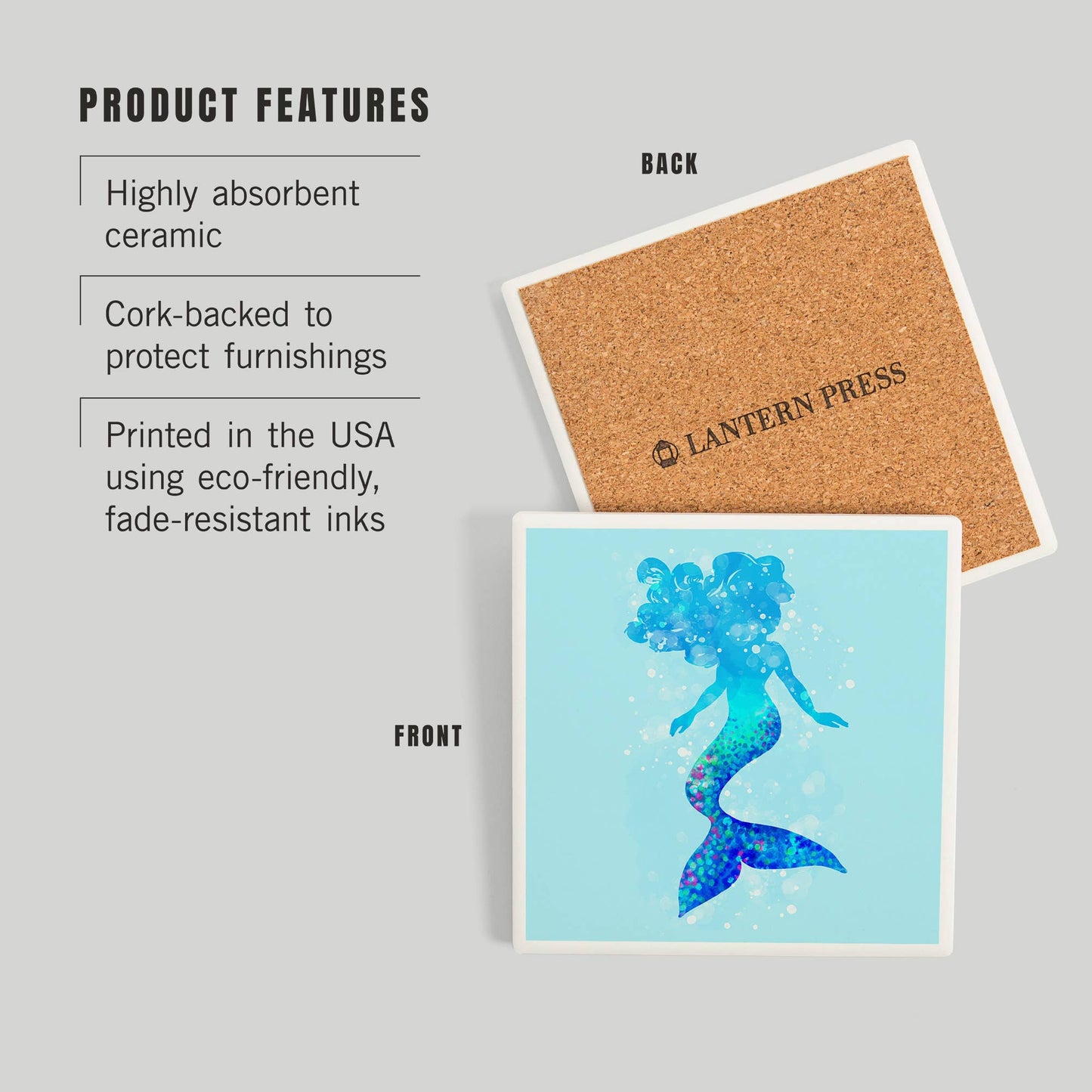 Silhouette Mermaid, Light Blue BackgrounCeramic Coaster d