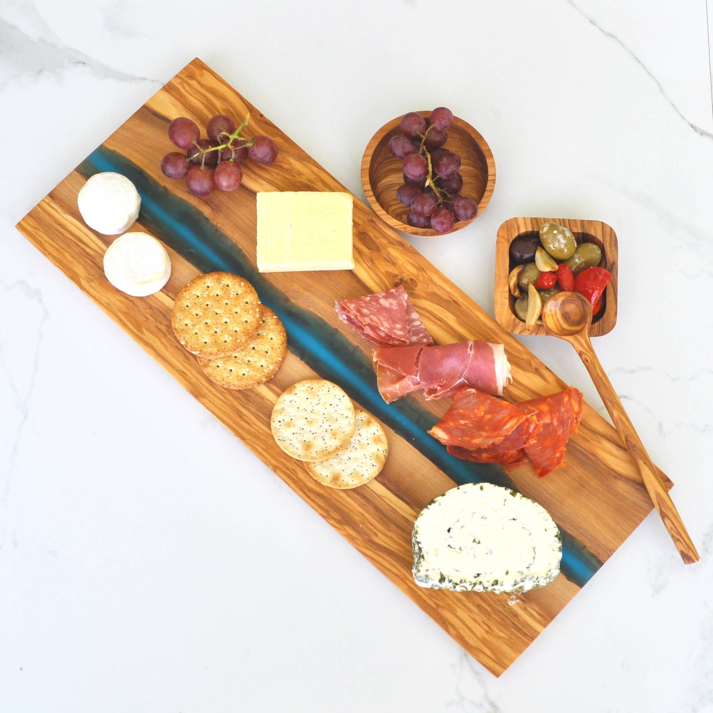 Engraved Olive Wood Cutting Board with River of Blue Resin - 15” x 6”