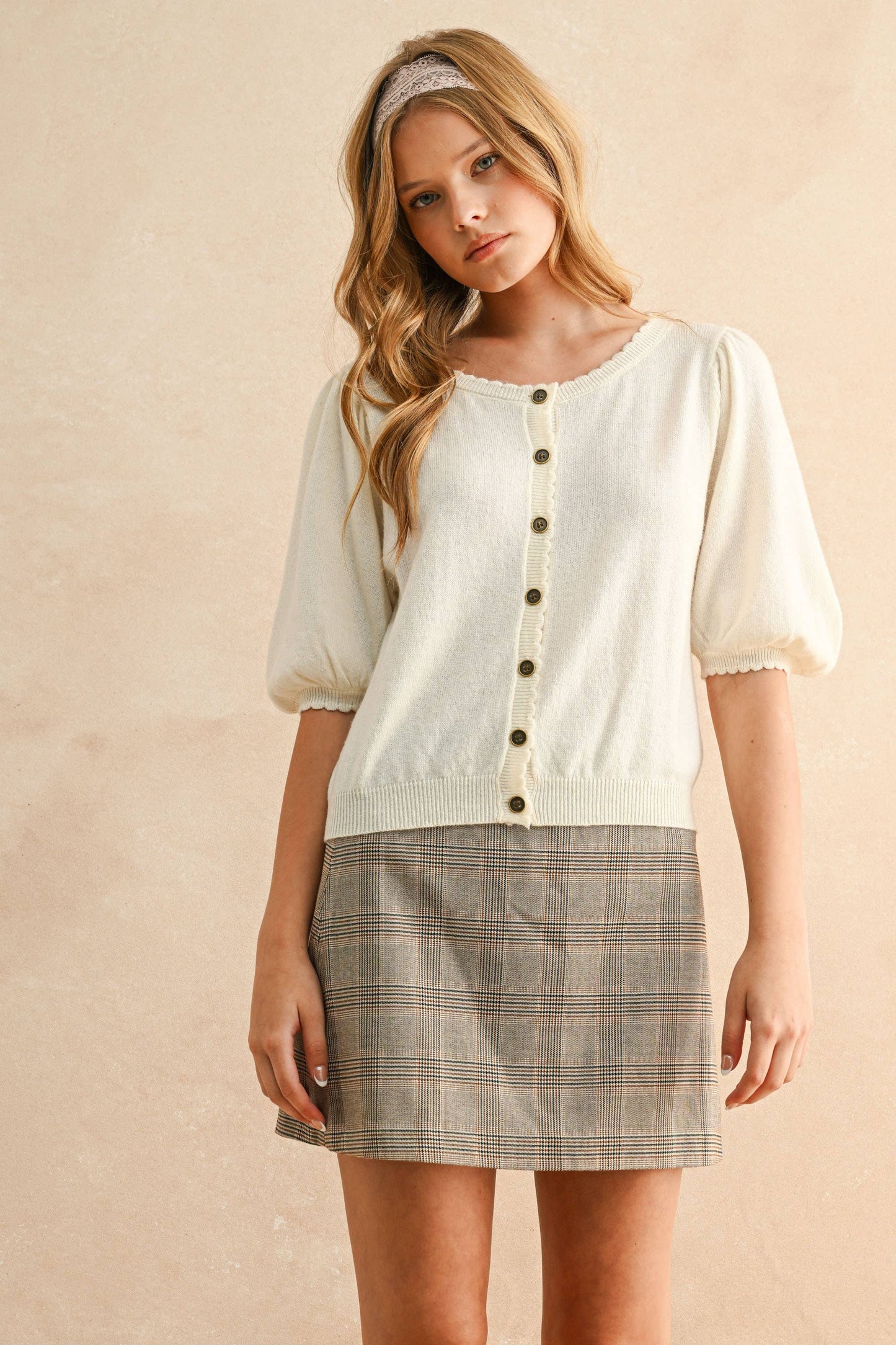 PUFF SHORT SLEEVE BUTTON DOWN KNIT CARDIGAN