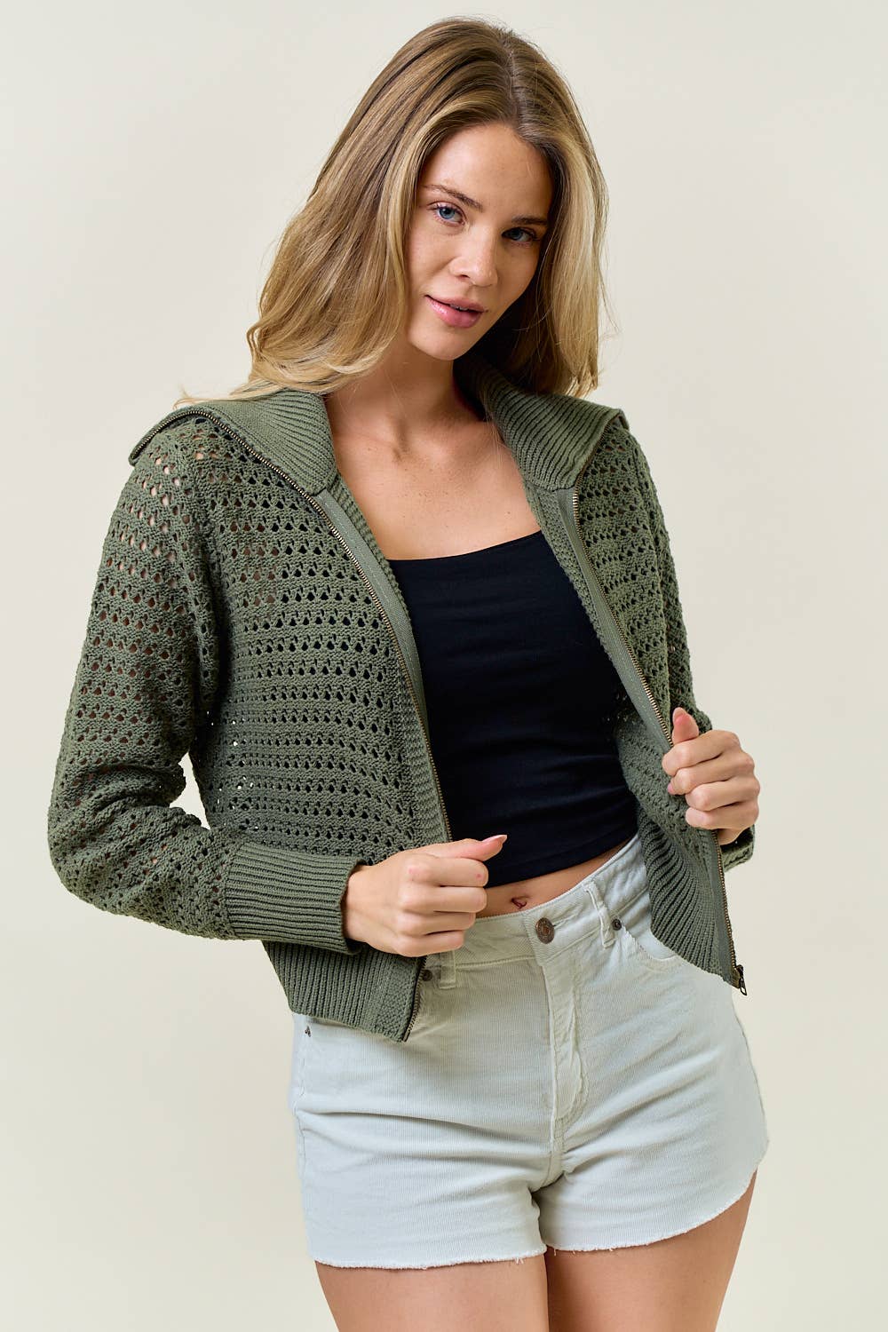 Zip-Up Pointelle Open Knit Sweater Jacket - 10615J
