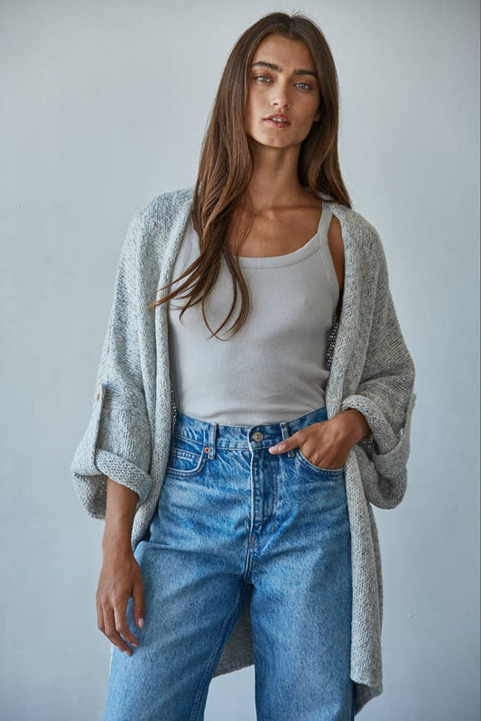 Knit Folded Quarter Sleeve Open Front Cardigan