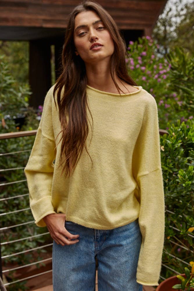 Knit Sweater Rolled Round Neck Pullover Top