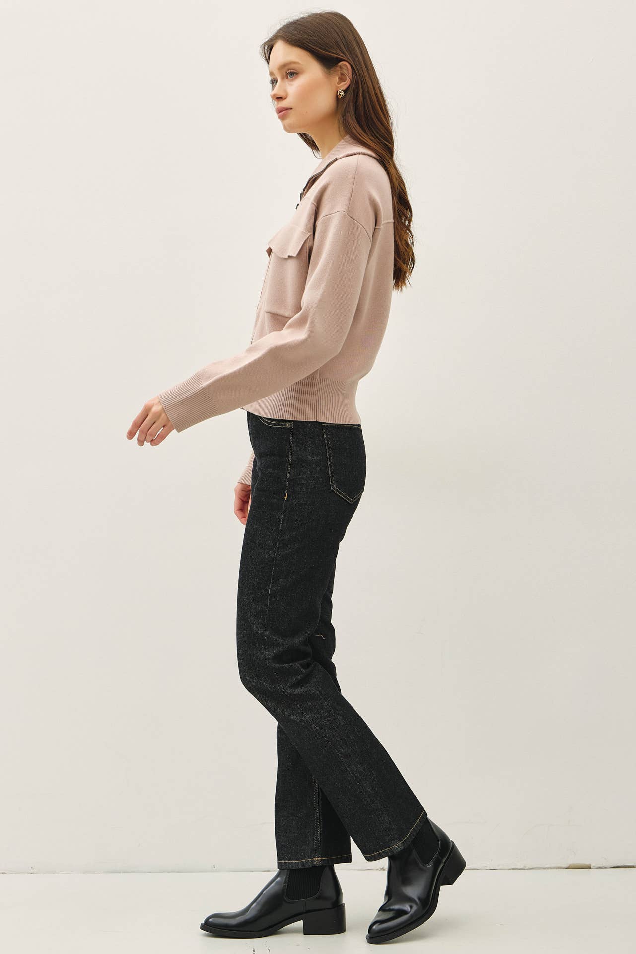Zipup Sweater Jacket with Floppy Ribbed Collar