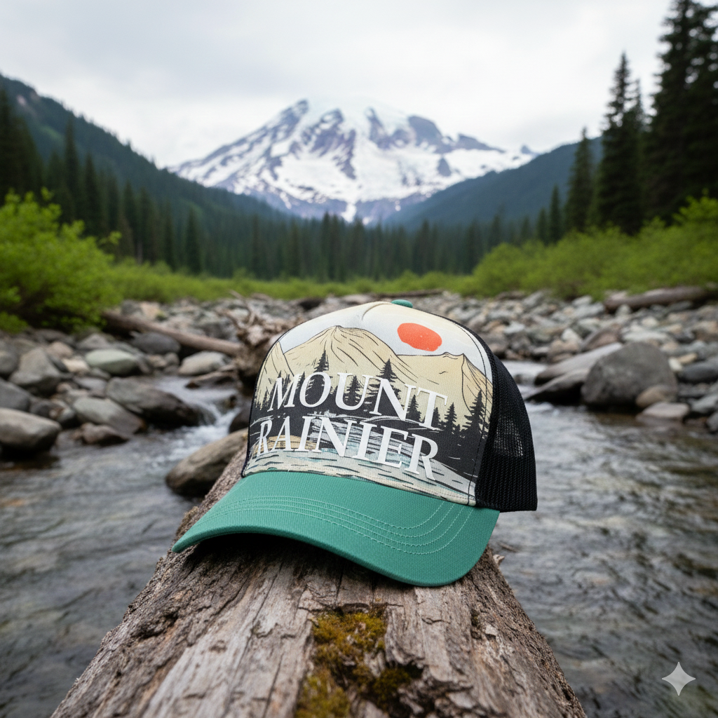 Mount Rainier Scenic Baseball Cap with Mountain Sunset Forest Trucker Hat