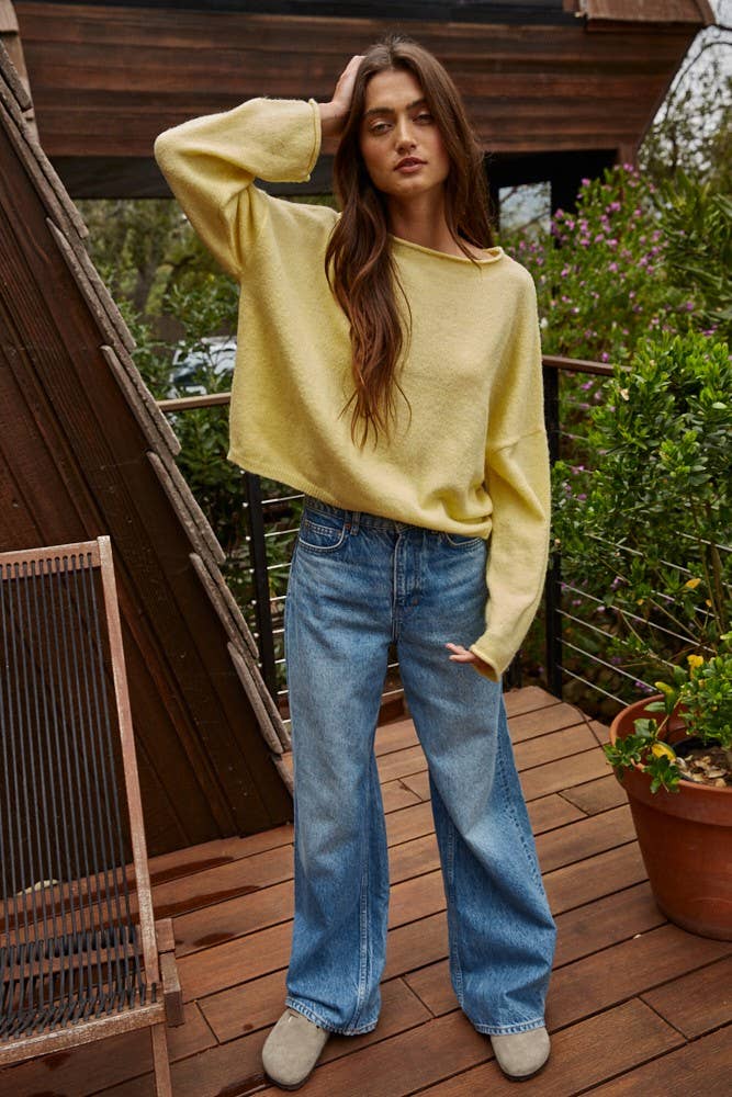 Knit Sweater Rolled Round Neck Pullover Top