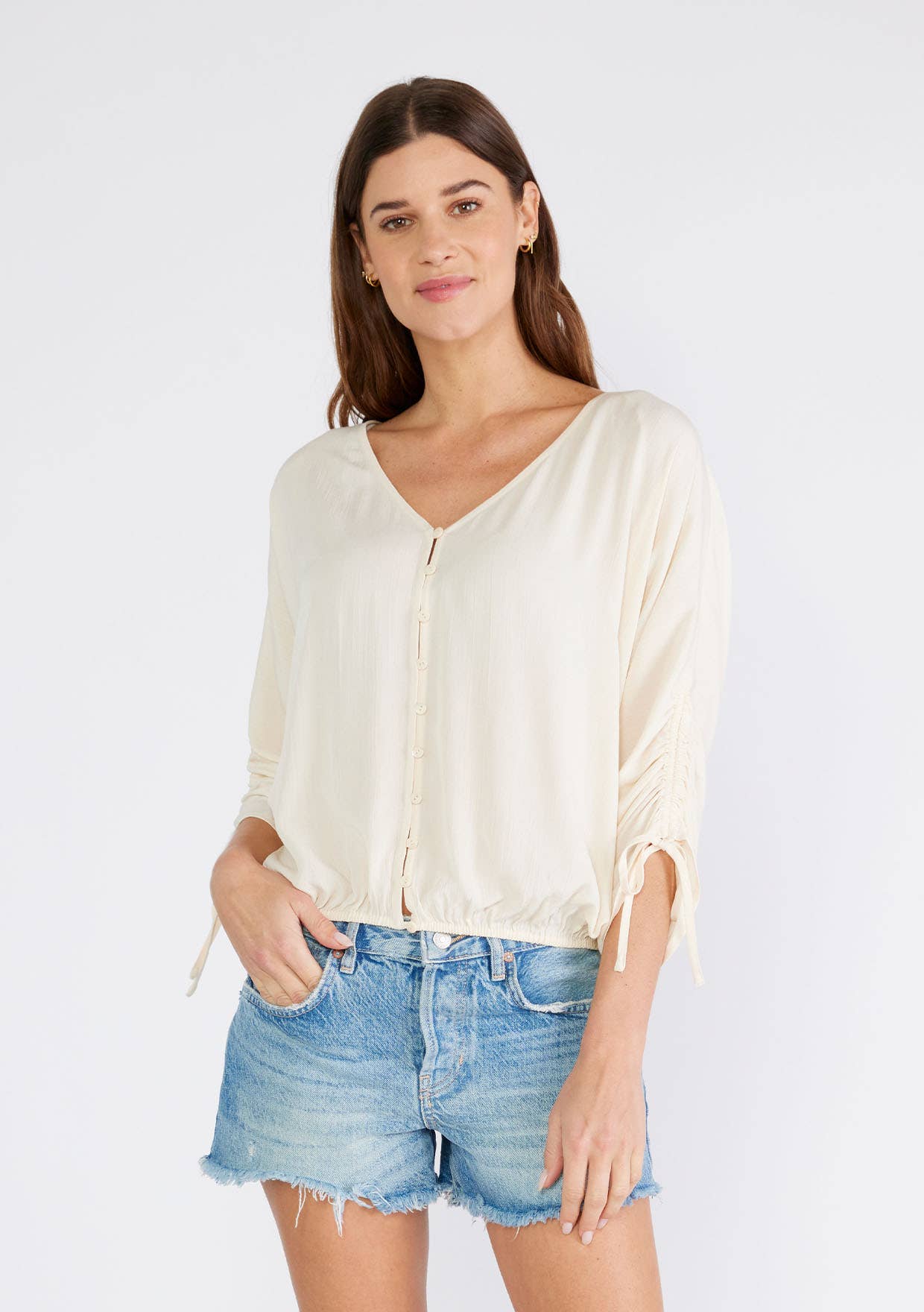 Ruched Dolman Sleeve Button Front Blouse