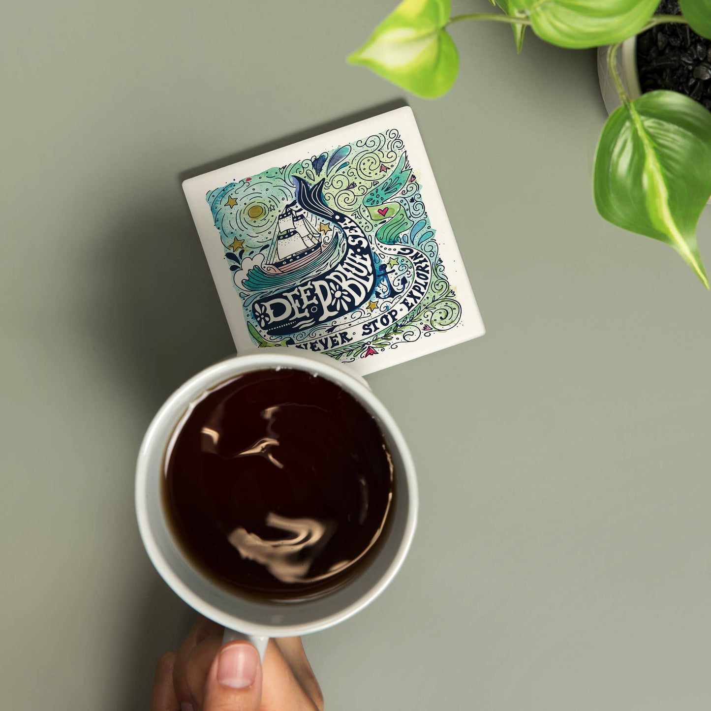 Watercolor Whale, Deep Blue Sea Ceramic Coaster