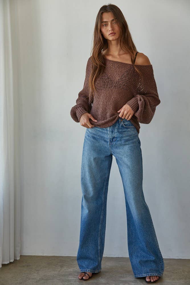 Sweater Knit Crochet Round Neck Long Sleeve Top