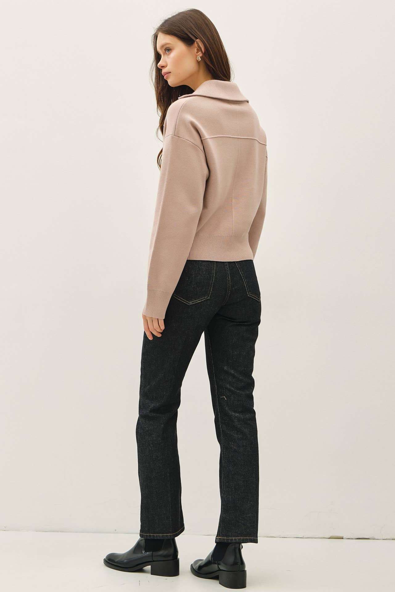 Zipup Sweater Jacket with Floppy Ribbed Collar