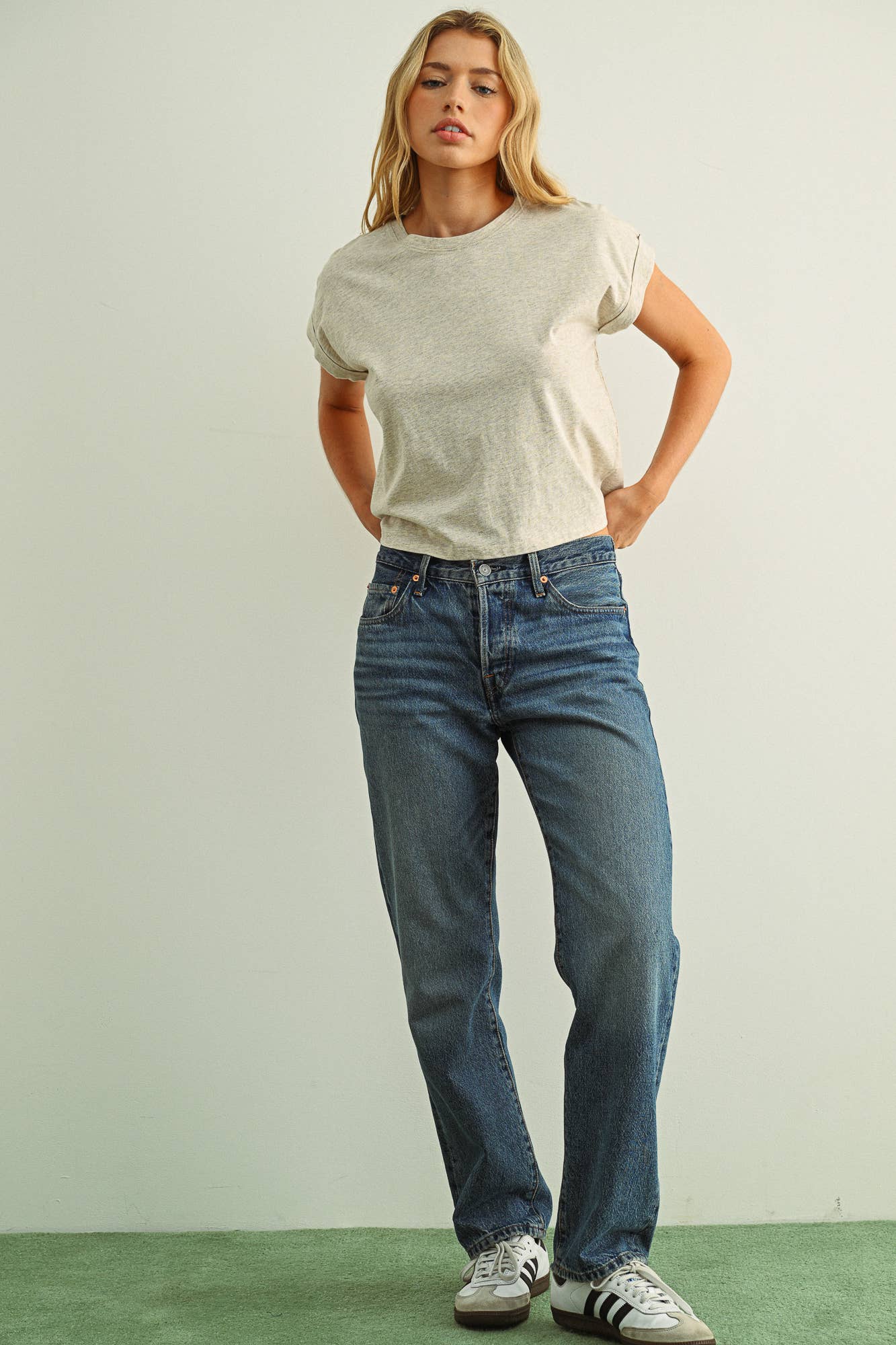 Round Neck Cuffed Sleeve Top