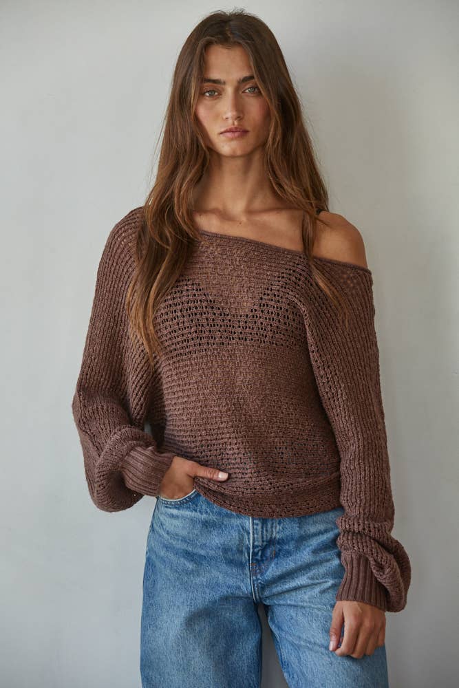 Sweater Knit Crochet Round Neck Long Sleeve Top