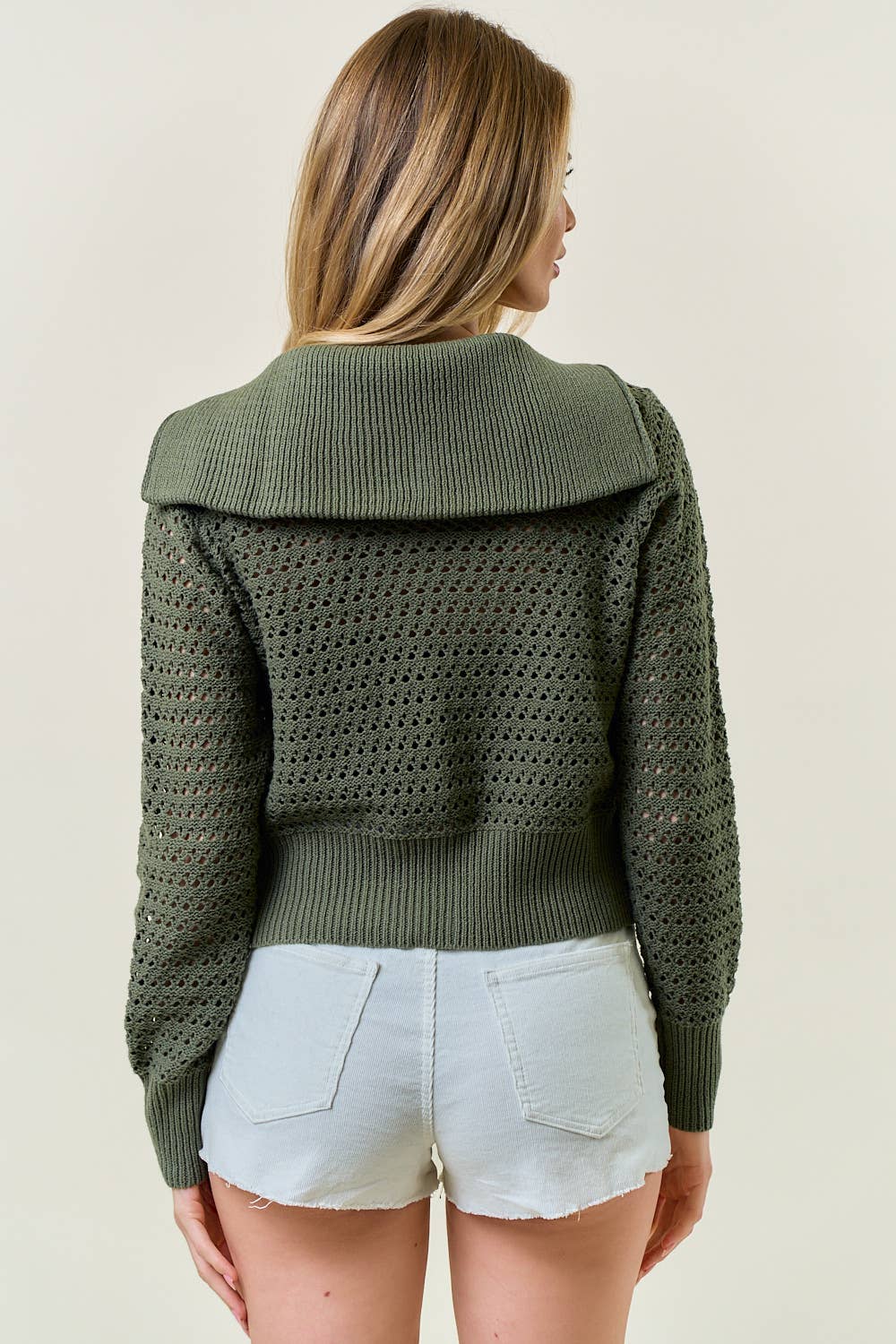 Zip-Up Pointelle Open Knit Sweater Jacket - 10615J