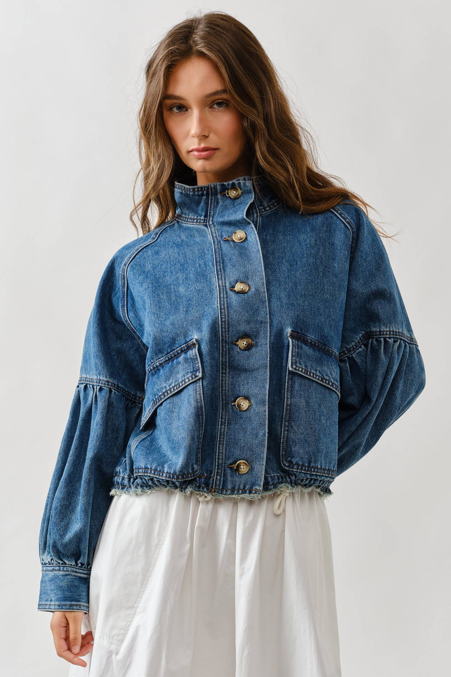 Balloon Sleeve Twill Jacket Drawstring Waist