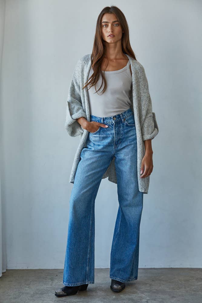 Knit Folded Quarter Sleeve Open Front Cardigan