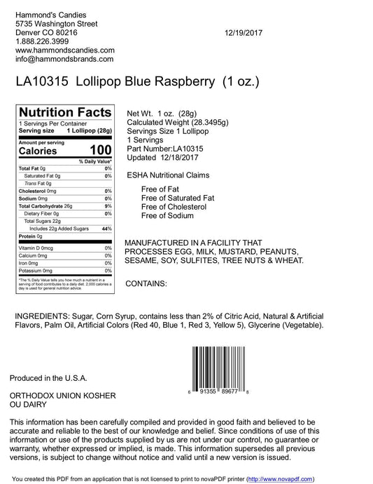 Handmade Lollipop - Blue Raspberry - 1 oz