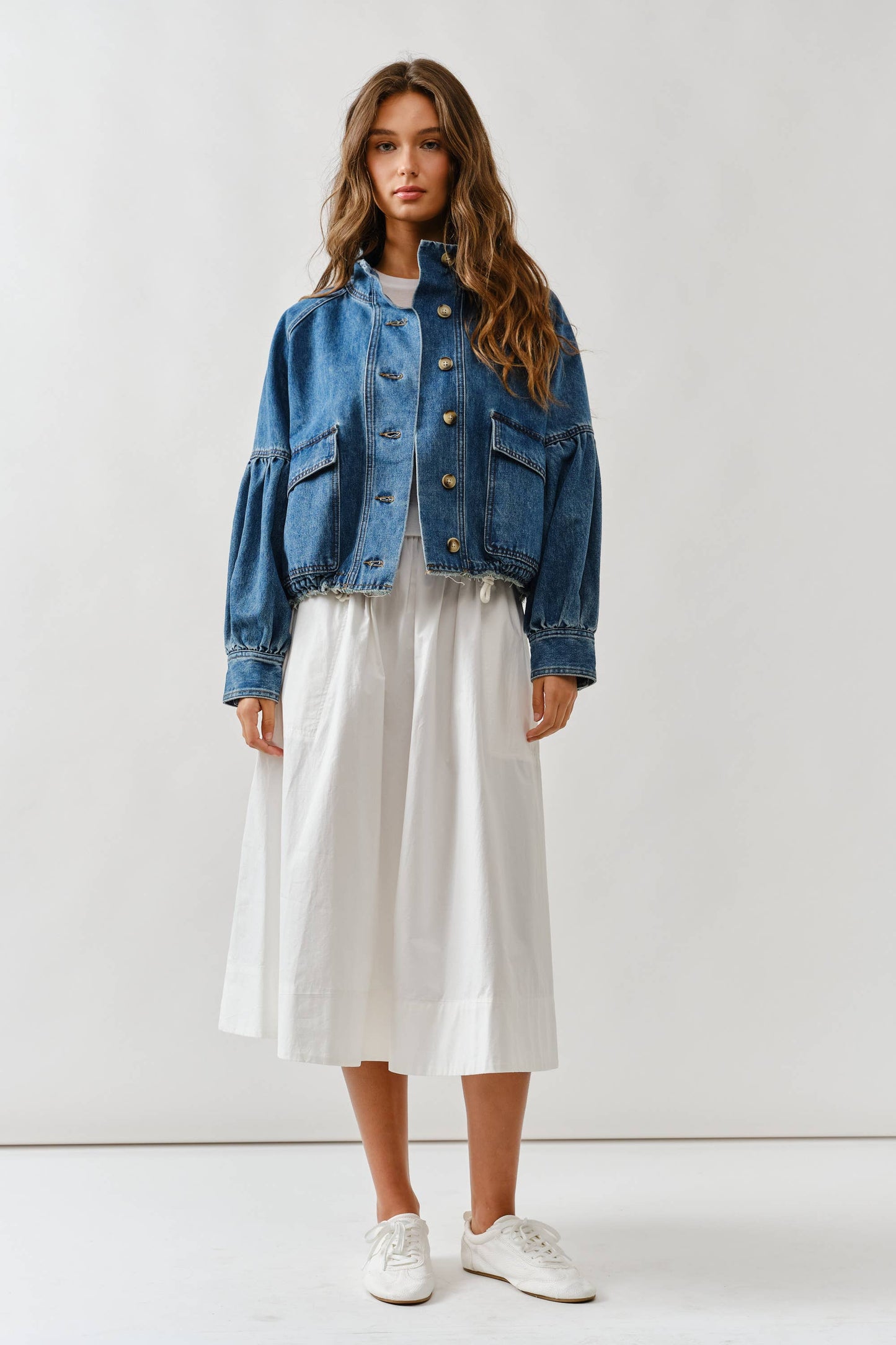 Balloon Sleeve Twill Jacket Drawstring Waist