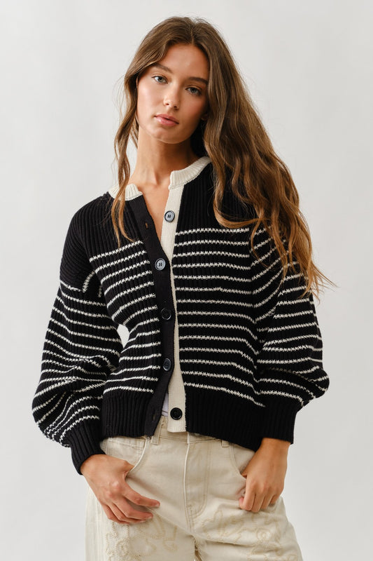 Voluminous Sleeve Stripes Cardigan