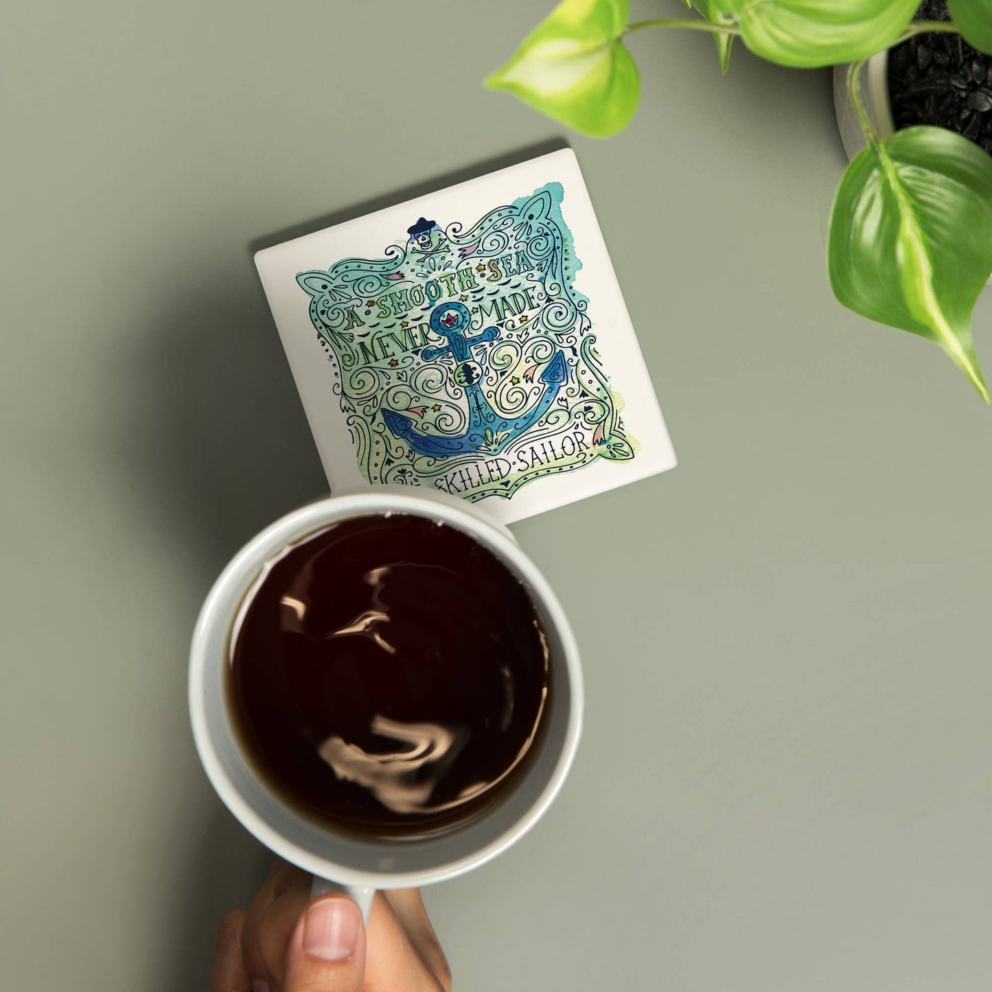Watercolor Anchor, A Smooth Sea Nautical CERAMIC COASTER