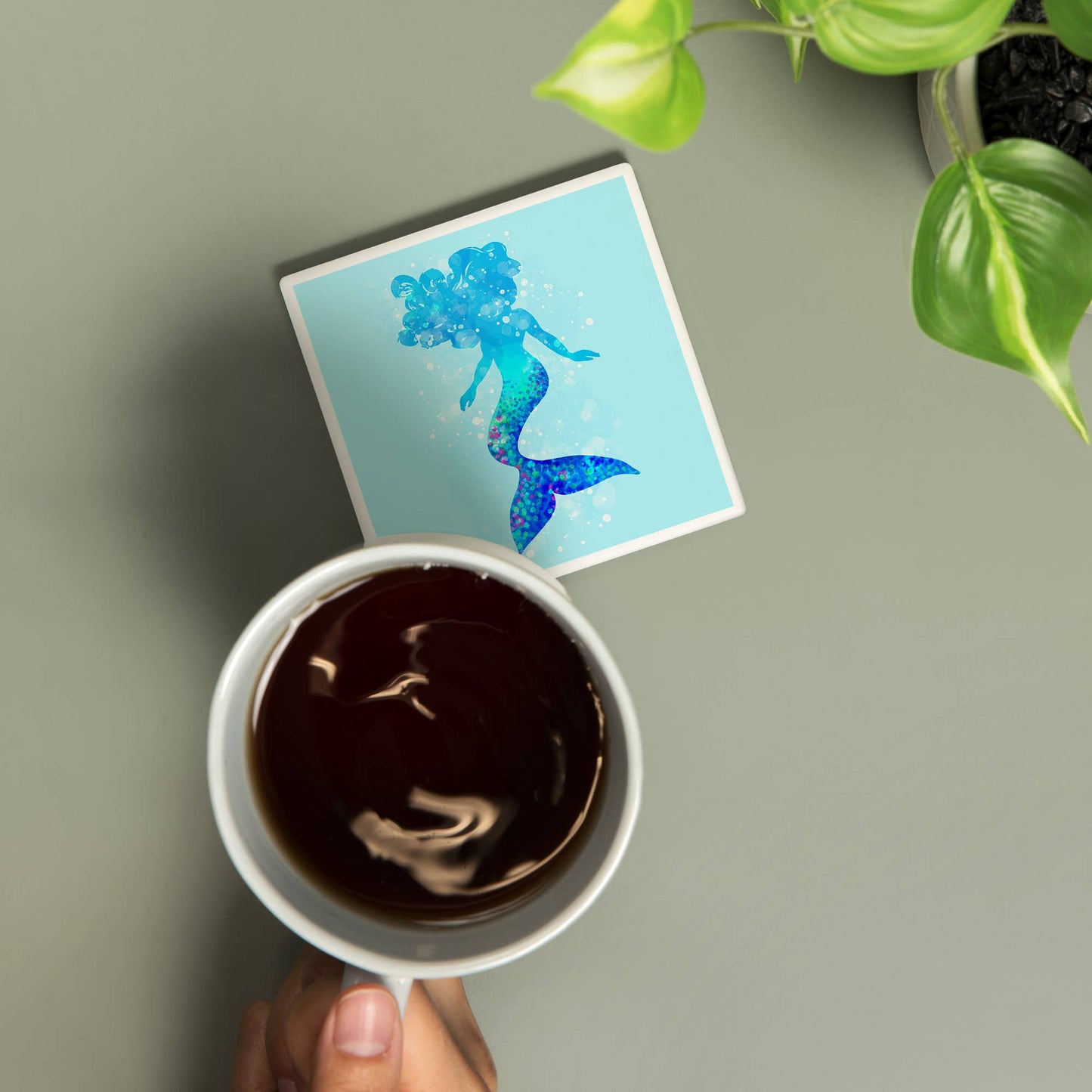 Silhouette Mermaid, Light Blue BackgrounCeramic Coaster d