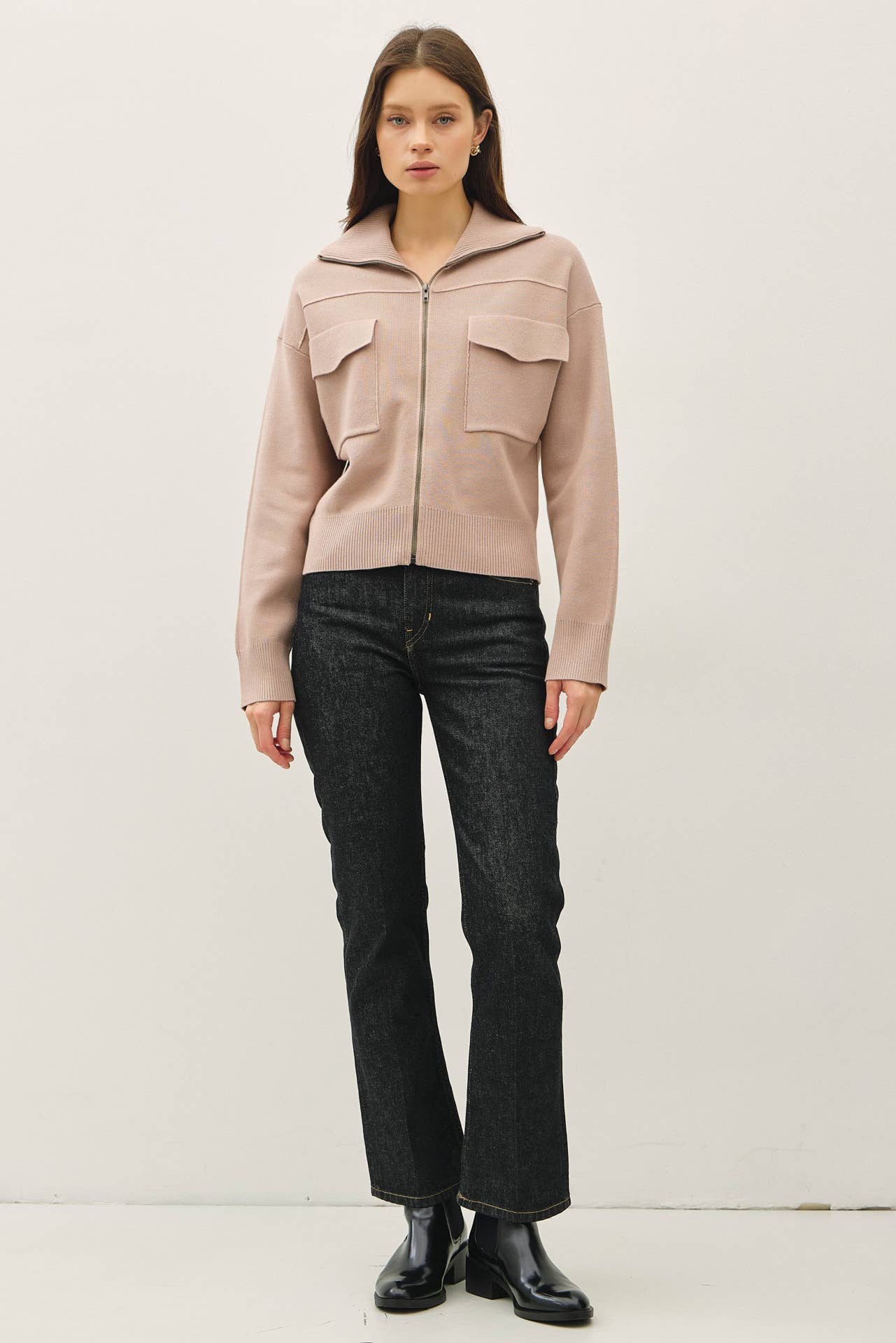 Zipup Sweater Jacket with Floppy Ribbed Collar