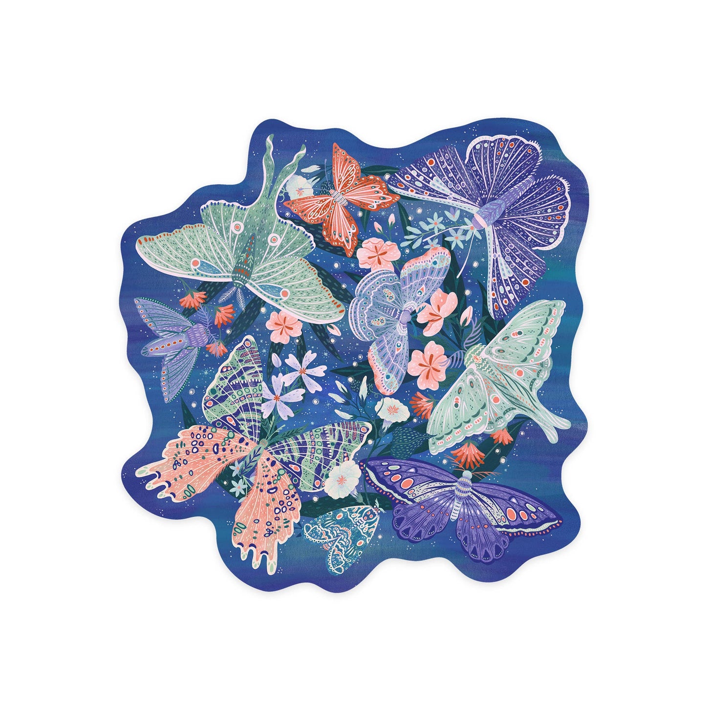 Luminous Butterflies, Blue with Flowers:STICKERS
