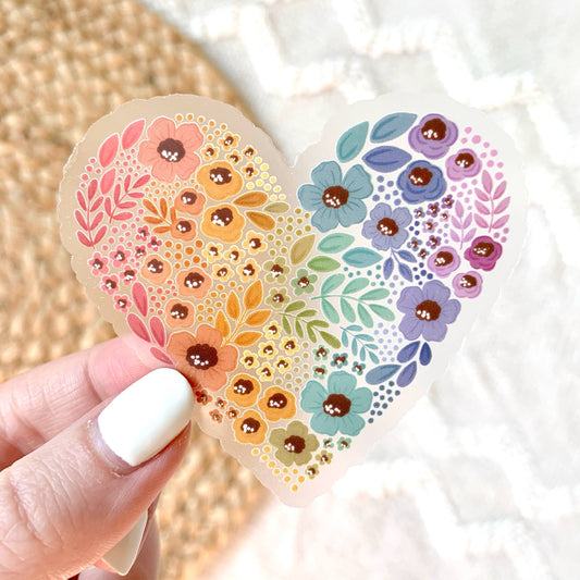 Clear Pride Rainbow Floral Heart Sticker 2.75x3in