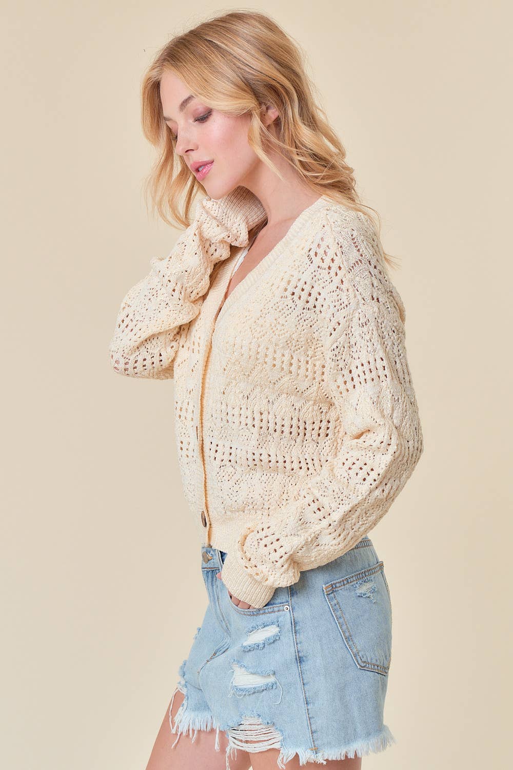 POINTELLE KNITTED V-NECK CROP CARDIGAN - 10505J