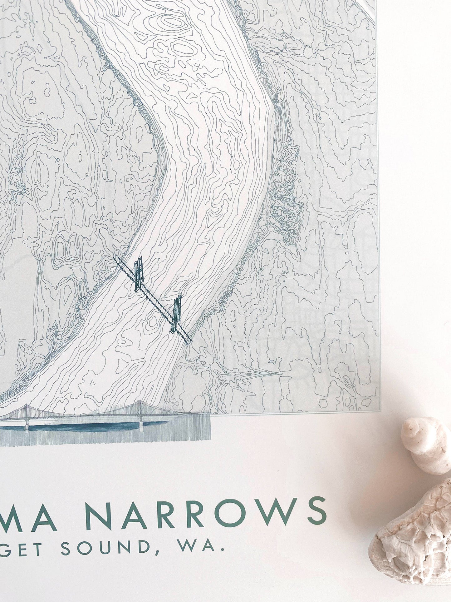 Tacoma NARROWS + Gig Harbor WA Hand Drawn Topo Map ART PRINT: 8 x 10