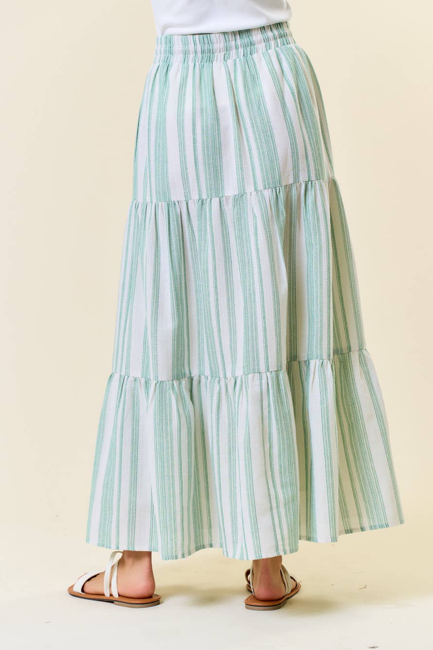 Cotton Striped Elastic Waist Tiered Maxi Skirt - 6541S