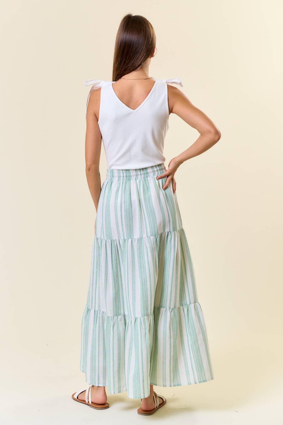 Cotton Striped Elastic Waist Tiered Maxi Skirt - 6541S