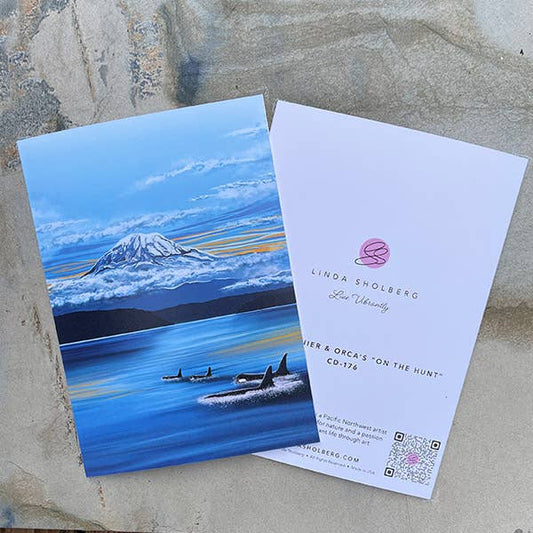 Mount Rainier &  Orca's "On the Hunt" Greeting card