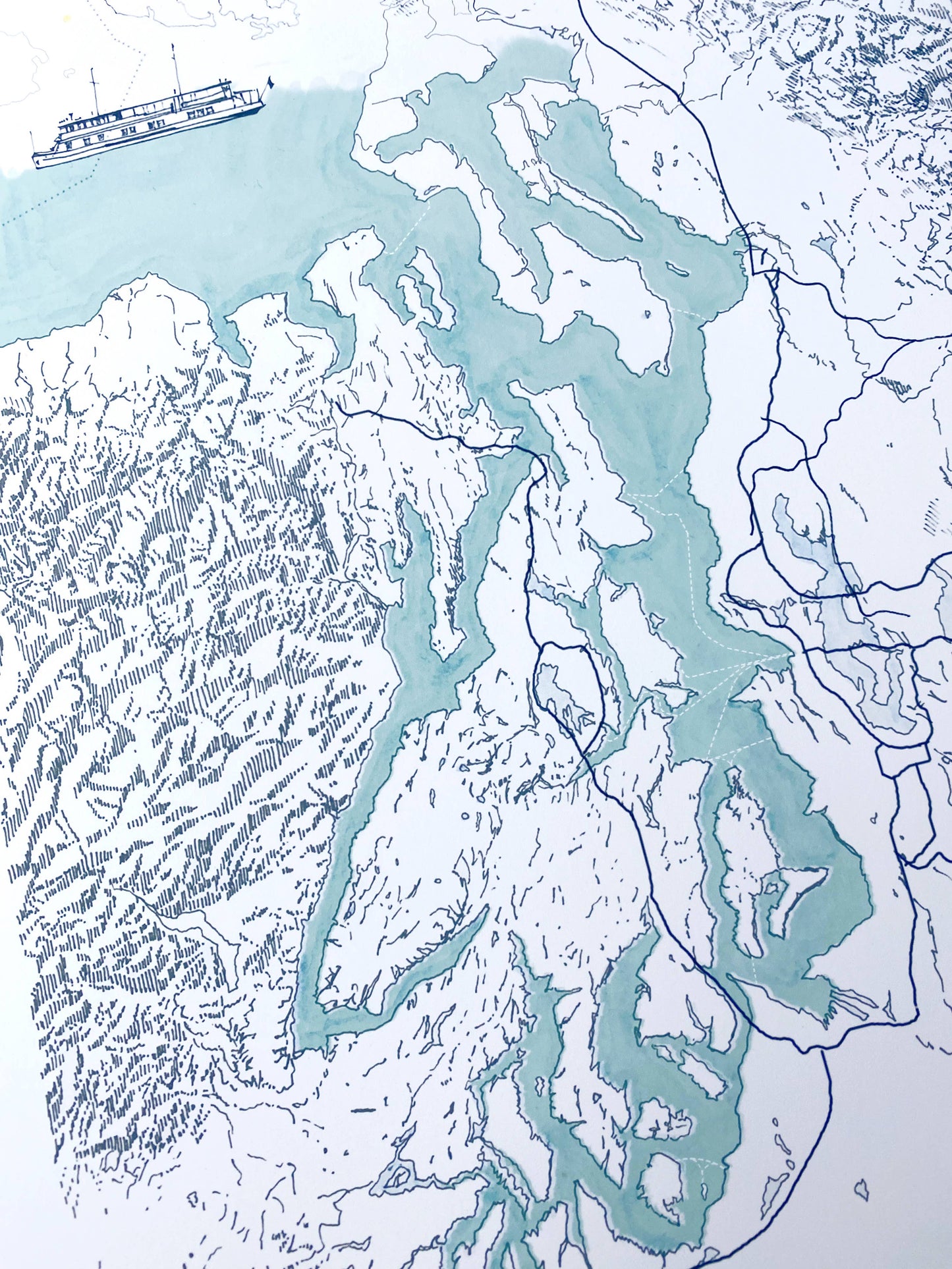 13x19 Puget Sound Topo Watercolor Map ART PRINT