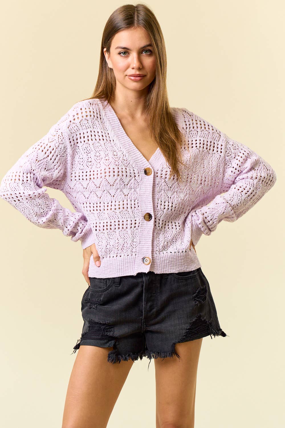 POINTELLE KNITTED V-NECK CROP CARDIGAN - 10505J