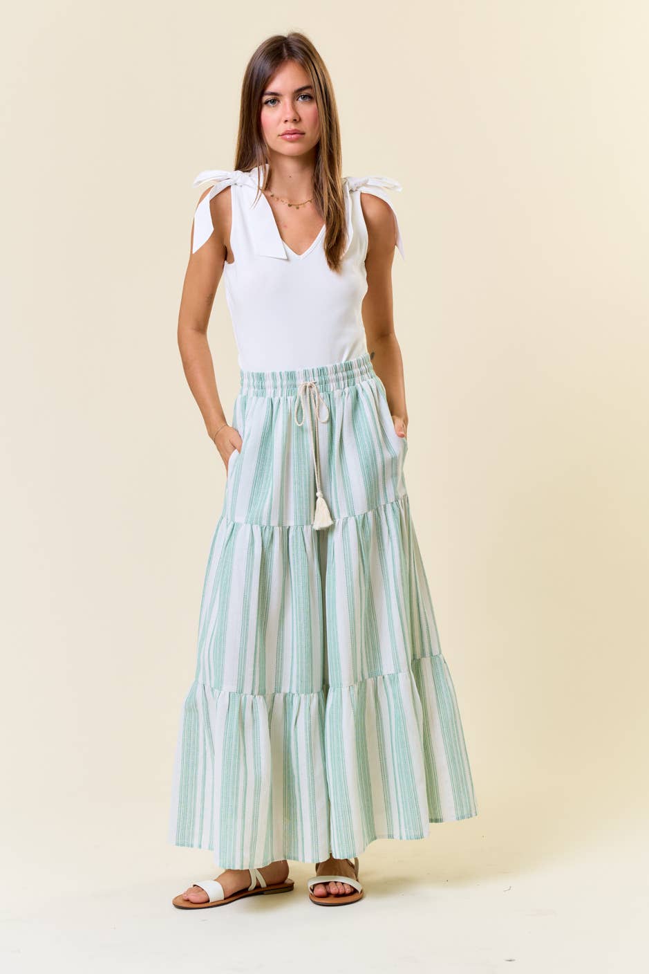 Cotton Striped Elastic Waist Tiered Maxi Skirt - 6541S