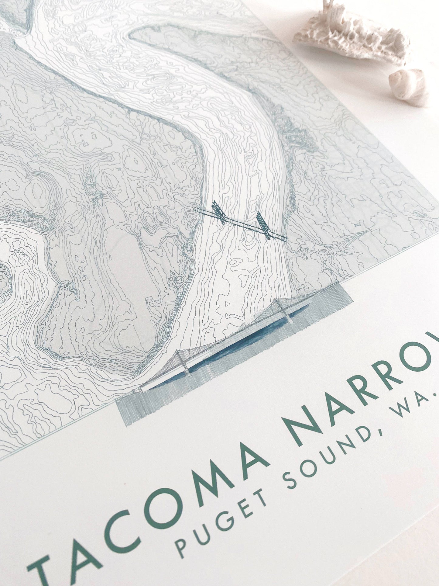 Tacoma NARROWS + Gig Harbor WA Hand Drawn Topo Map ART PRINT: 8 x 10