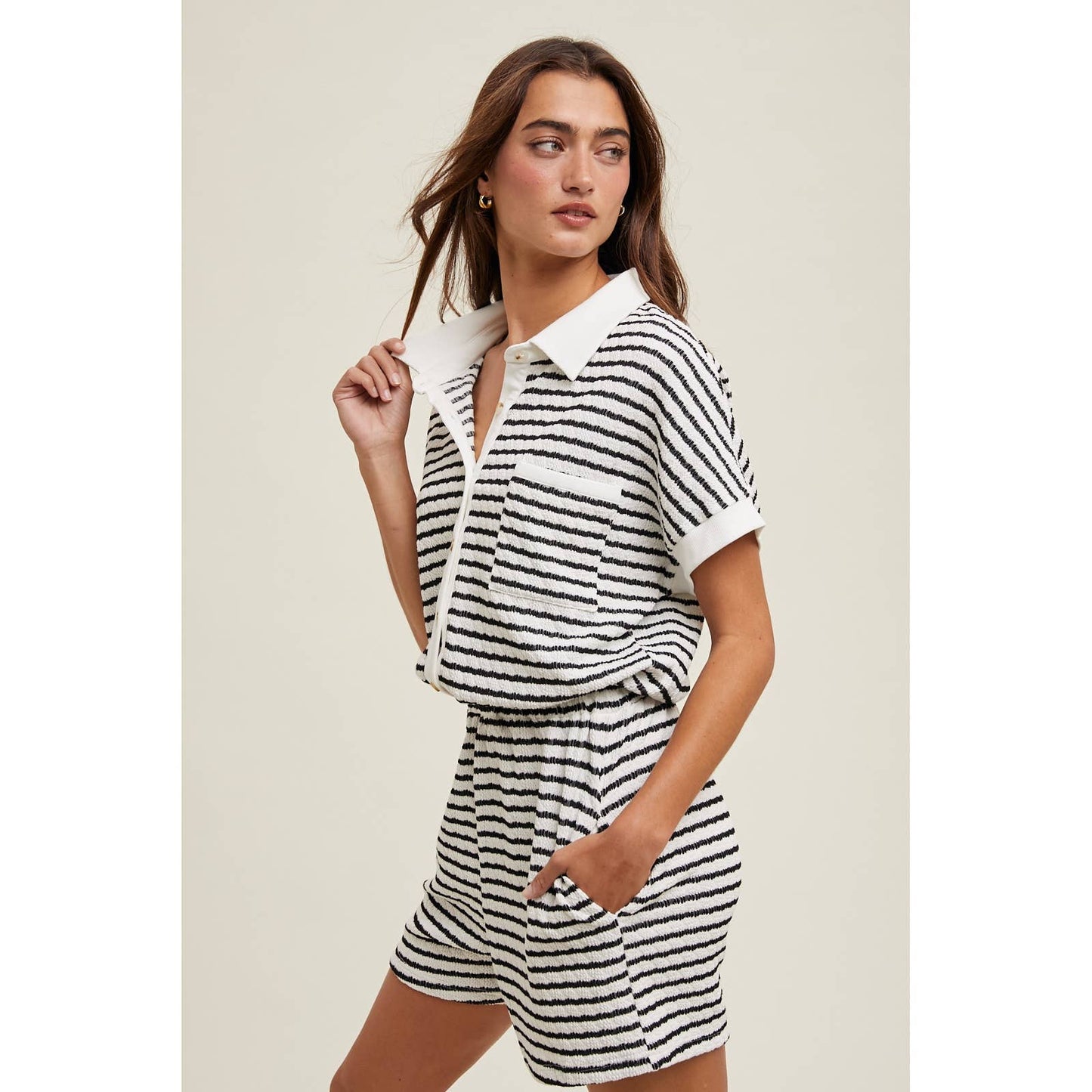 STRIPED BUTTON-UP ROMPER - BLACK/OFF WHITE