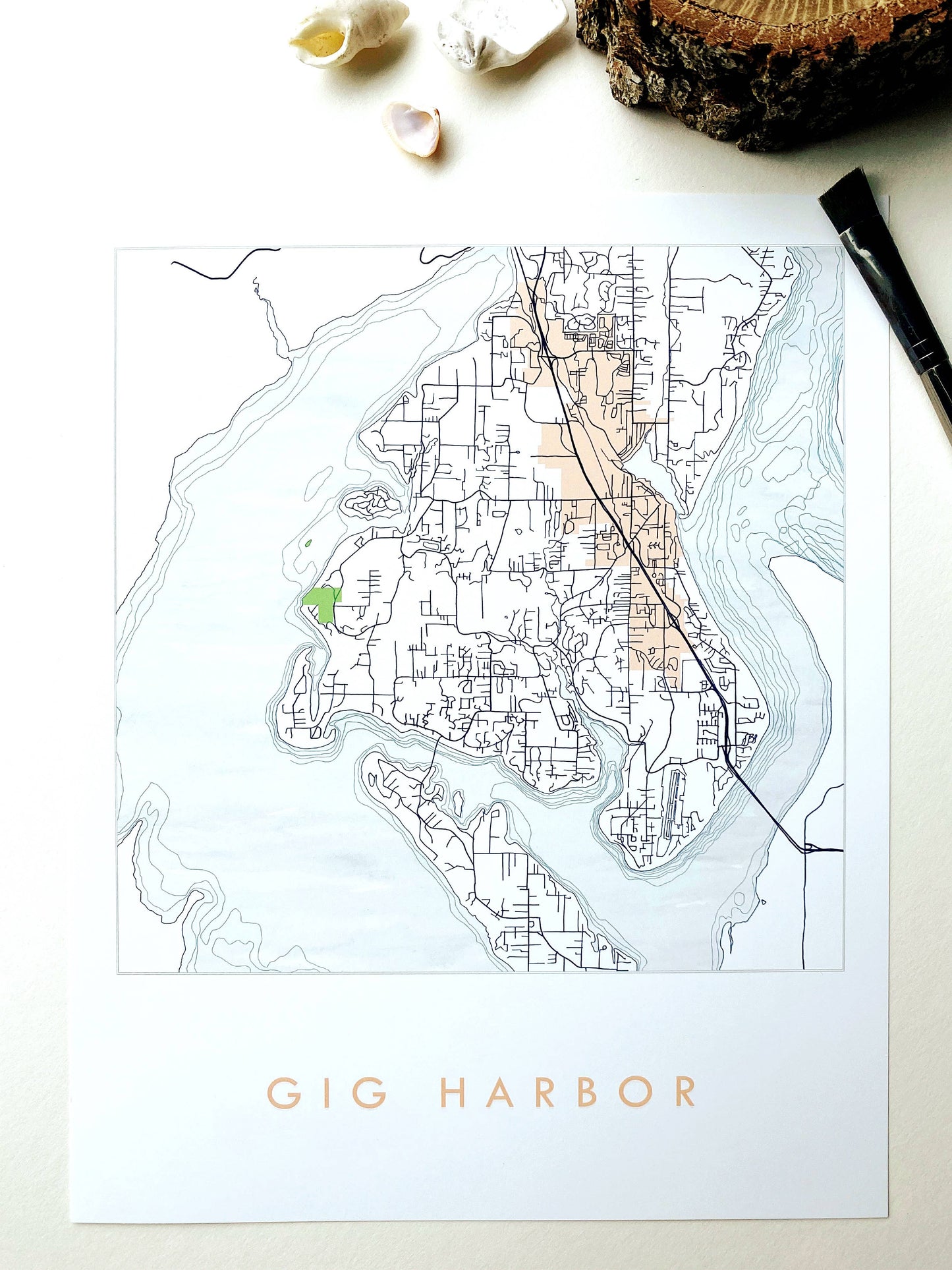 Gig Harbor Washington Map Drawing ART PRINT: 11 x 14