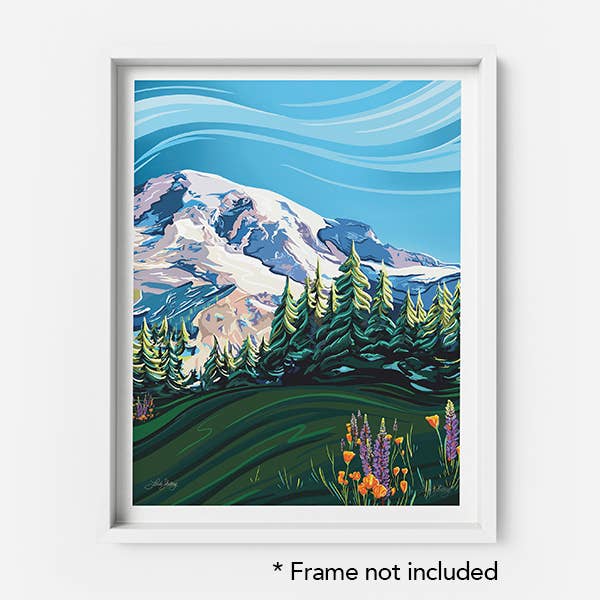 Mount Rainier & Wildflowers Art Print: 8x10
