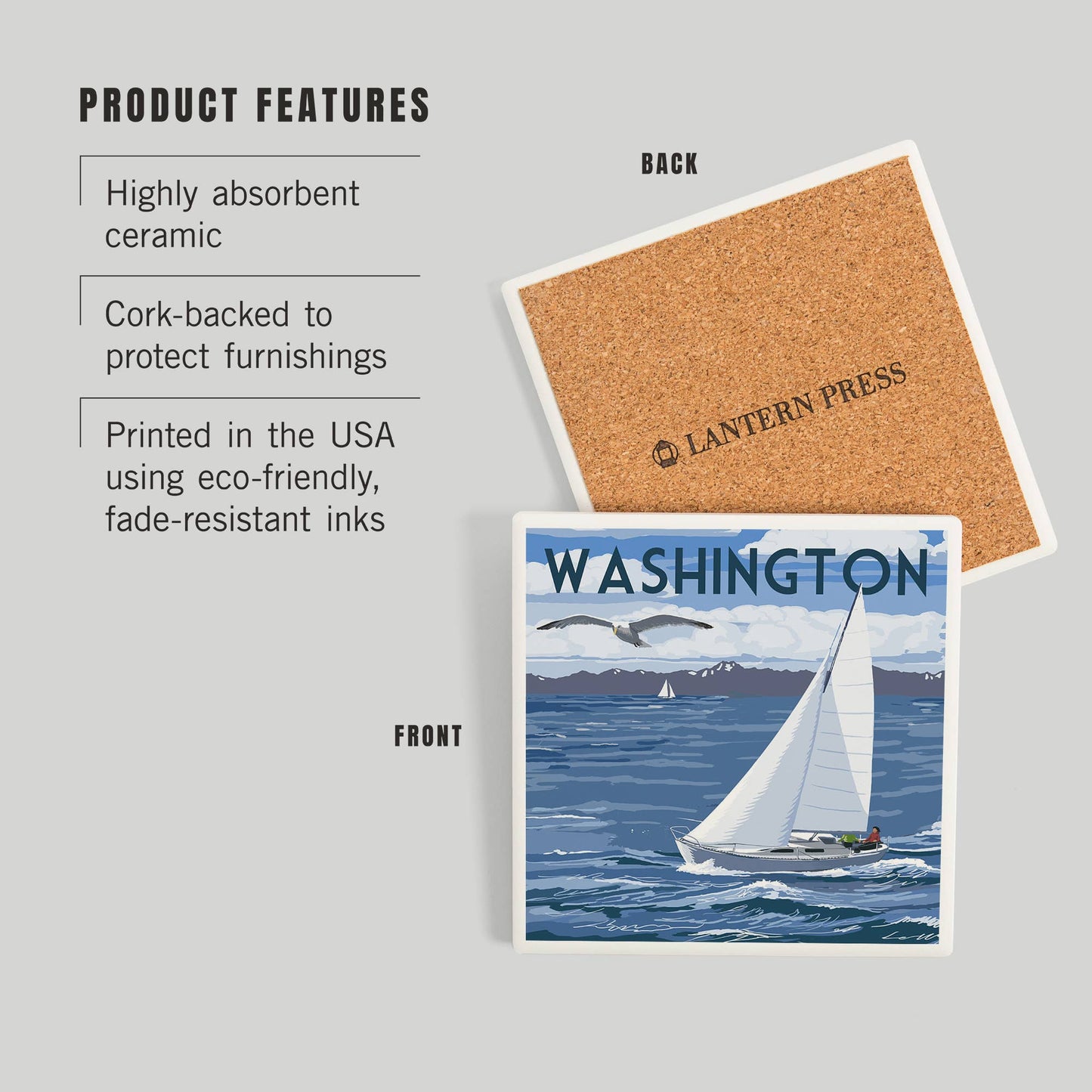 CERAMIC COASTER Washington, Sloop Sailboat & Lake