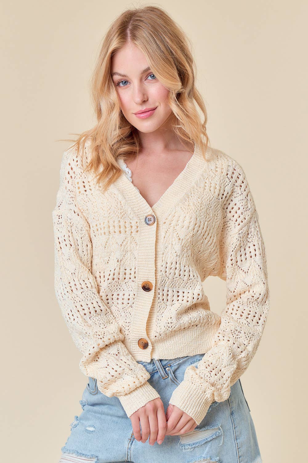POINTELLE KNITTED V-NECK CROP CARDIGAN - 10505J