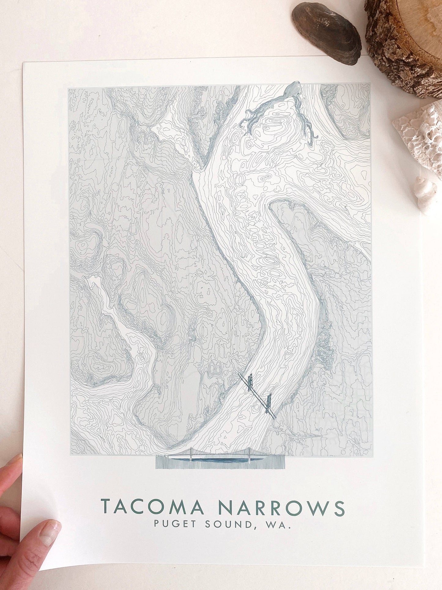 Tacoma NARROWS + Gig Harbor WA Hand Drawn Topo Map ART PRINT: 8 x 10