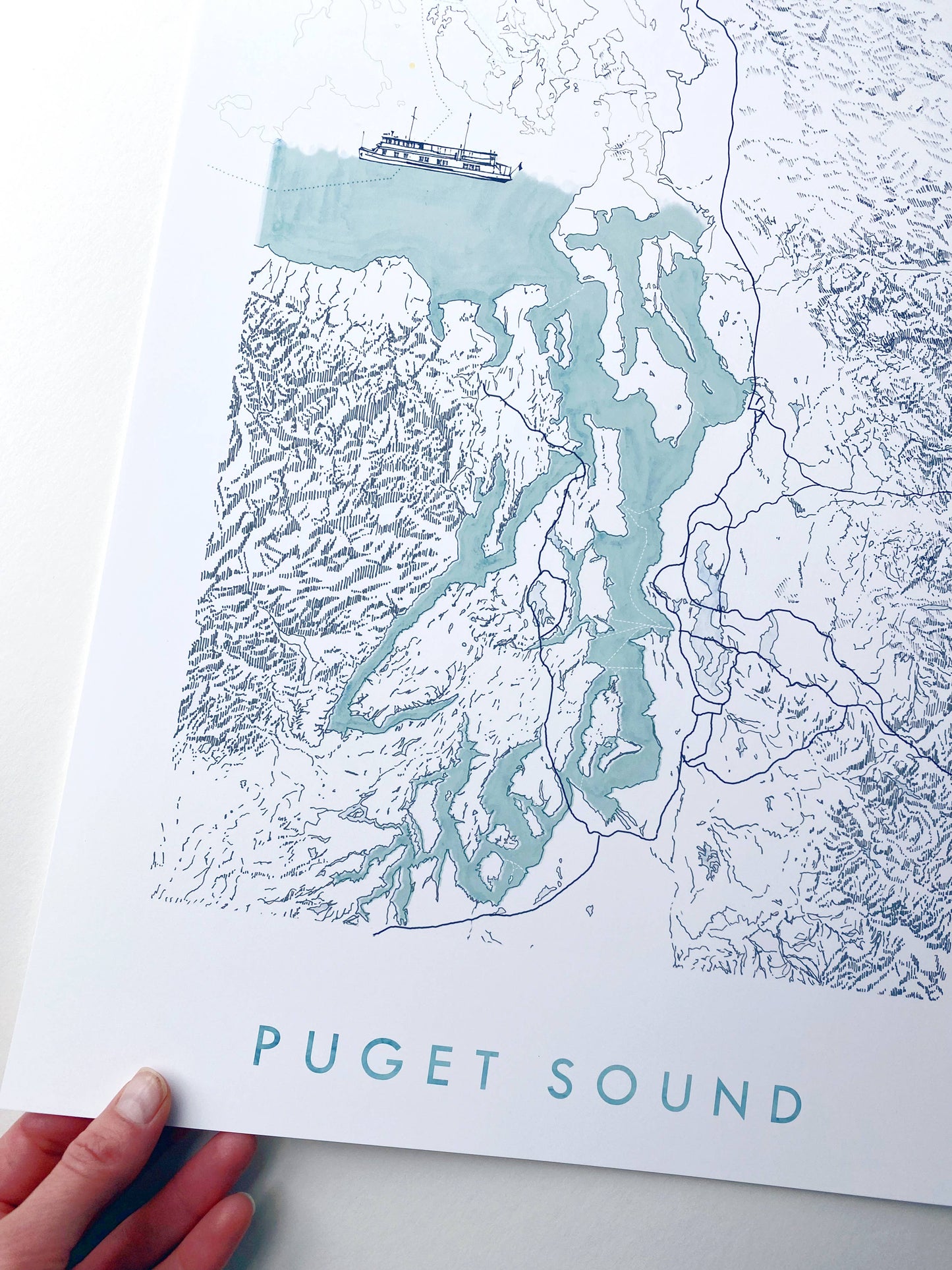 13x19 Puget Sound Topo Watercolor Map ART PRINT