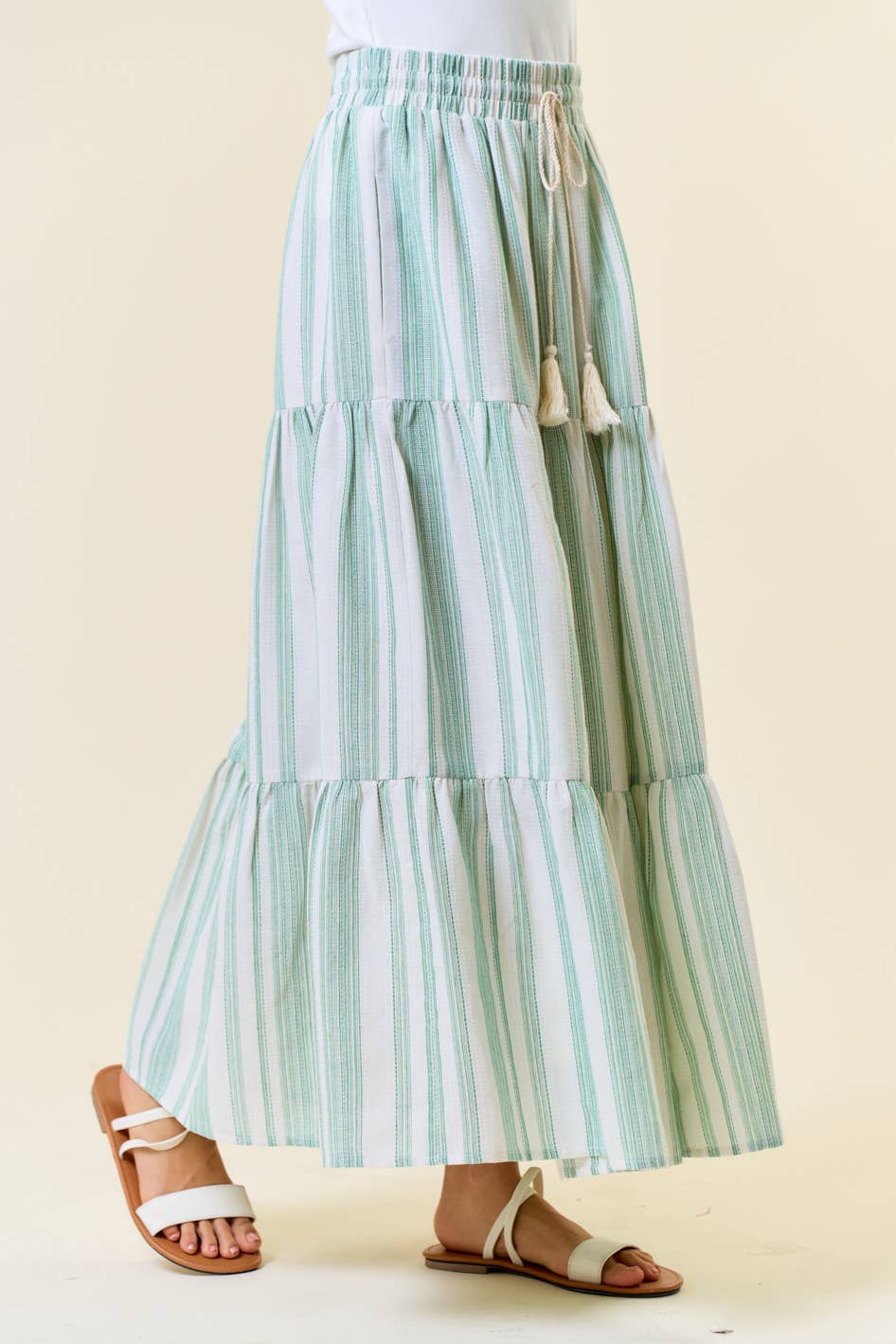 Cotton Striped Elastic Waist Tiered Maxi Skirt - 6541S
