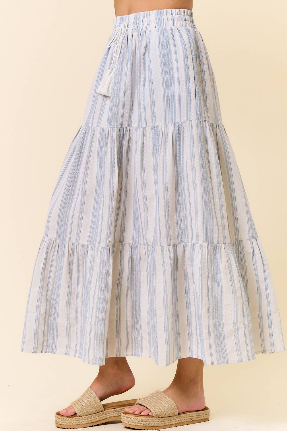 Cotton Striped Elastic Waist Tiered Maxi Skirt - 6541S